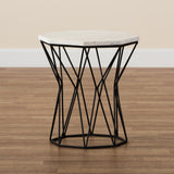 Venedict Modern and Contemporary Black Metal End Table with Marble Tabletop