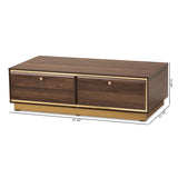 Cormac Mid-Century Modern Transitional Walnut Brown Finished Wood and Gold Metal 2-Drawer Coffee Table