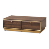 Cormac Mid-Century Modern Transitional Walnut Brown Finished Wood and Gold Metal 2-Drawer Coffee Table