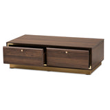 Cormac Mid-Century Modern Transitional Walnut Brown Finished Wood and Gold Metal 2-Drawer Coffee Table