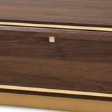 Cormac Mid-Century Modern Transitional Walnut Brown Finished Wood and Gold Metal 2-Drawer Coffee Table