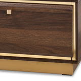 Cormac Mid-Century Modern Transitional Walnut Brown Finished Wood and Gold Metal 2-Drawer Coffee Table