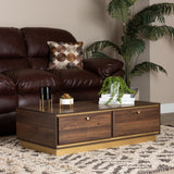 Cormac Mid-Century Modern Transitional Walnut Brown Finished Wood and Gold Metal 2-Drawer Coffee Table