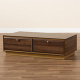 Cormac Mid-Century Modern Transitional Walnut Brown Finished Wood and Gold Metal 2-Drawer Coffee Table