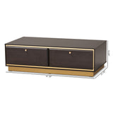 Cormac Mid-Century Modern Transitional Dark Brown Finished Wood and Gold Metal 2-Drawer Coffee Table