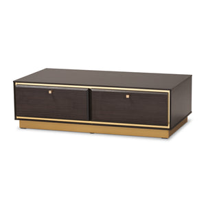 Cormac Mid-Century Modern Transitional Dark Brown Finished Wood and Gold Metal 2-Drawer Coffee Table