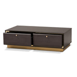 Cormac Mid-Century Modern Transitional Dark Brown Finished Wood and Gold Metal 2-Drawer Coffee Table