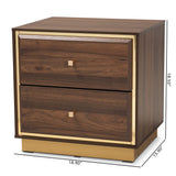 Cormac Mid-Century Modern Transitional Walnut Brown Finished Wood and Gold Metal 2-Drawer Nightstand