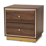 Cormac Mid-Century Modern Transitional Walnut Brown Finished Wood and Gold Metal 2-Drawer Nightstand