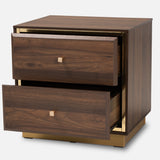 Cormac Mid-Century Modern Transitional Walnut Brown Finished Wood and Gold Metal 2-Drawer Nightstand