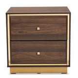 Cormac Mid-Century Modern Transitional Walnut Brown Finished Wood and Gold Metal 2-Drawer Nightstand