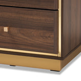 Cormac Mid-Century Modern Transitional Walnut Brown Finished Wood and Gold Metal 2-Drawer Nightstand