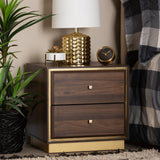 Cormac Mid-Century Modern Transitional Walnut Brown Finished Wood and Gold Metal 2-Drawer Nightstand