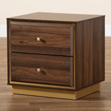 Cormac Mid-Century Modern Transitional Walnut Brown Finished Wood and Gold Metal 2-Drawer Nightstand