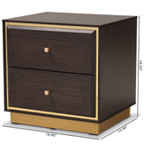 Cormac Mid-Century Modern Transitional Dark Brown Finished Wood and Gold Metal 2-Drawer Nightstand