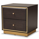 Cormac Mid-Century Modern Transitional Dark Brown Finished Wood and Gold Metal 2-Drawer Nightstand