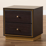 Cormac Mid-Century Modern Transitional Dark Brown Finished Wood and Gold Metal 2-Drawer Nightstand