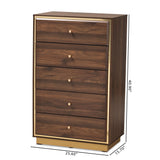 Cormac Mid-Century Modern Transitional Walnut Brown Finished Wood and Gold Metal 5-Drawer Storage Chest