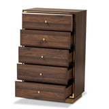 Cormac Mid-Century Modern Transitional Walnut Brown Finished Wood and Gold Metal 5-Drawer Storage Chest