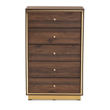 Cormac Mid-Century Modern Transitional Walnut Brown Finished Wood and Gold Metal 5-Drawer Storage Chest