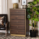 Cormac Mid-Century Modern Transitional Walnut Brown Finished Wood and Gold Metal 5-Drawer Storage Chest