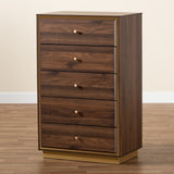 Cormac Mid-Century Modern Transitional Walnut Brown Finished Wood and Gold Metal 5-Drawer Storage Chest