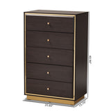 Cormac Mid-Century Modern Transitional Dark Brown Finished Wood and Gold Metal 5-Drawer Storage Chest