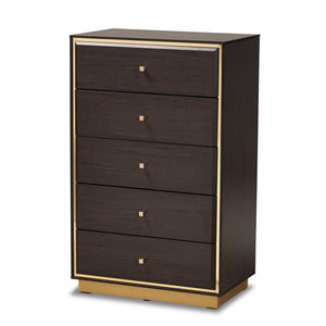 Cormac Mid-Century Modern Transitional Dark Brown Finished Wood and Gold Metal 5-Drawer Storage Chest