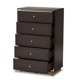 Cormac Mid-Century Modern Transitional Dark Brown Finished Wood and Gold Metal 5-Drawer Storage Chest