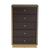 Cormac Mid-Century Modern Transitional Dark Brown Finished Wood and Gold Metal 5-Drawer Storage Chest