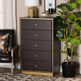 Cormac Mid-Century Modern Transitional Dark Brown Finished Wood and Gold Metal 5-Drawer Storage Chest