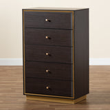 Cormac Mid-Century Modern Transitional Dark Brown Finished Wood and Gold Metal 5-Drawer Storage Chest