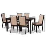 Rosa Modern and Contemporary Sand Fabric Upholstered and Dark Brown Finished Wood 7-Piece Dining Set