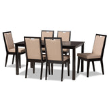 Rosa Modern and Contemporary Sand Fabric Upholstered and Dark Brown Finished Wood 7-Piece Dining Set