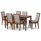 Rosa Modern and Contemporary Grey Fabric Upholstered and Walnut Brown Finished Wood 7-Piece Dining Set