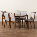 Rosa Modern and Contemporary Grey Fabric Upholstered and Walnut Brown Finished Wood 7-Piece Dining Set