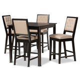 Gideon Modern and Contemporary Sand Fabric Upholstered and Dark Brown Finished Wood 5-Piece Pub Set