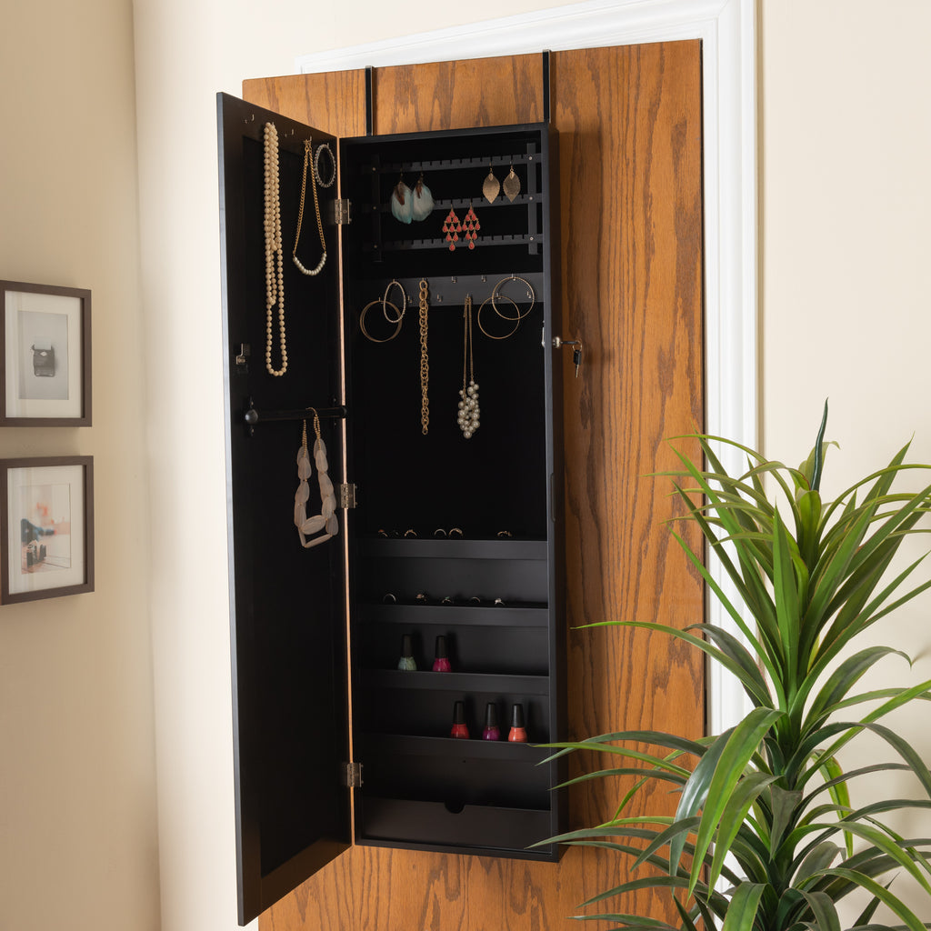 Richelle Modern and Contemporary Black Finished Wood Hanging Jewelry Armoire with Mirror