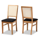 Idris Mid-Century Modern Black Fabric Upholstered and Oak brown Finished 2-Piece Rattan Dining Chair Set