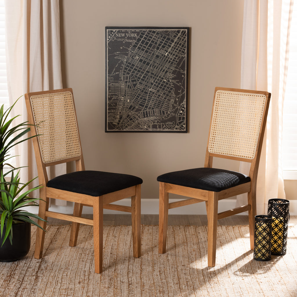 Idris Mid-Century Modern Black Fabric Upholstered and Oak brown Finished 2-Piece Rattan Dining Chair Set