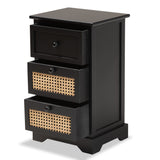 Dacey Mid-Century Modern Transitional Espresso Brown Finished Wood and Rattan 3-Drawer Storage Cabinet