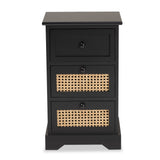 Dacey Mid-Century Modern Transitional Espresso Brown Finished Wood and Rattan 3-Drawer Storage Cabinet