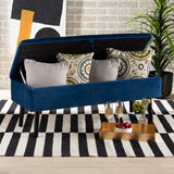 Caine Modern and Contemporary Navy Blue Velvet Fabric Upholstered and Dark Brown Finished Wood Storage Bench