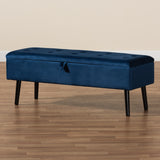 Caine Modern and Contemporary Navy Blue Velvet Fabric Upholstered and Dark Brown Finished Wood Storage Bench