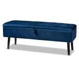 Caine Modern and Contemporary Navy Blue Velvet Fabric Upholstered and Dark Brown Finished Wood Storage Bench