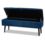 Caine Modern and Contemporary Navy Blue Velvet Fabric Upholstered and Dark Brown Finished Wood Storage Bench