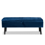 Caine Modern and Contemporary Navy Blue Velvet Fabric Upholstered and Dark Brown Finished Wood Storage Bench