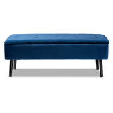 Caine Modern and Contemporary Navy Blue Velvet Fabric Upholstered and Dark Brown Finished Wood Storage Bench