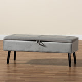 Caine Modern and Contemporary Grey Velvet Fabric Upholstered and Dark Brown Finished Wood Storage Bench