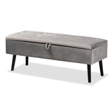 Caine Modern and Contemporary Grey Velvet Fabric Upholstered and Dark Brown Finished Wood Storage Bench